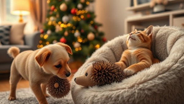 Charming gifts for pets scene with dog and cat enjoying toys.