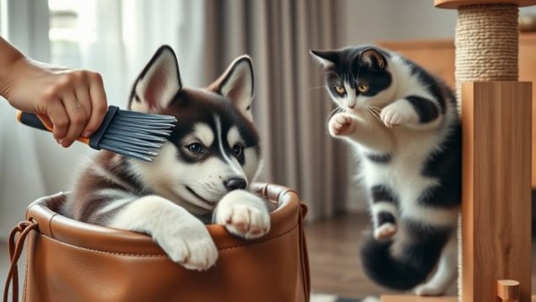 Luxurious pet accessories with husky and cat in modern setting.