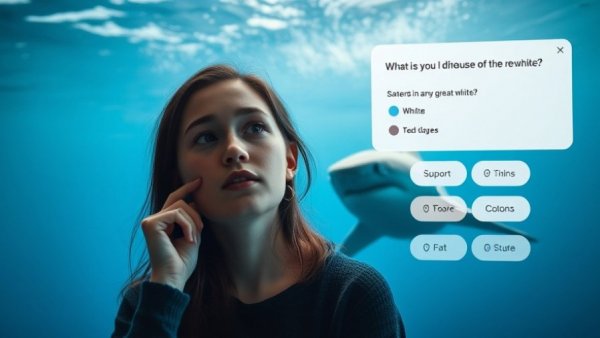 Young woman contemplating shark trivia quiz question.