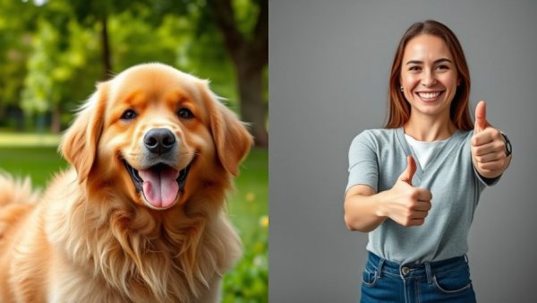 Fluffy dog 'Blu' and woman showing thumbs-down, 2025 dog names trends.