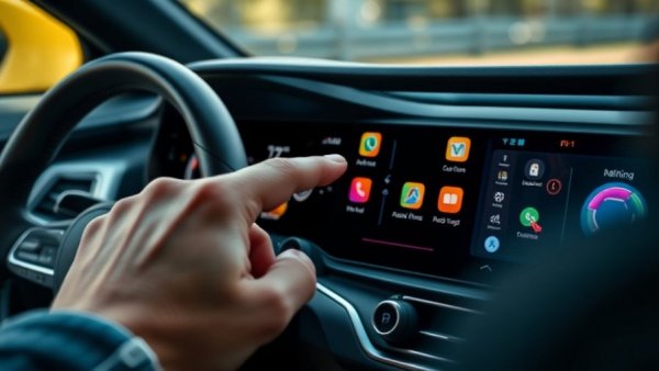 Close-up of modern car dashboard touchscreen highlighting vehicle technology risks.