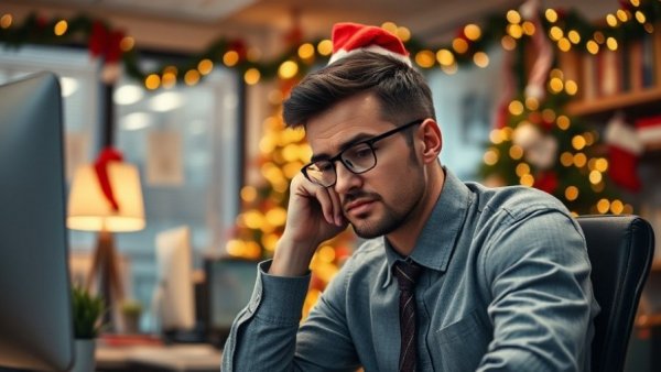 Office worker in festive attire, winter habits affecting motivation.