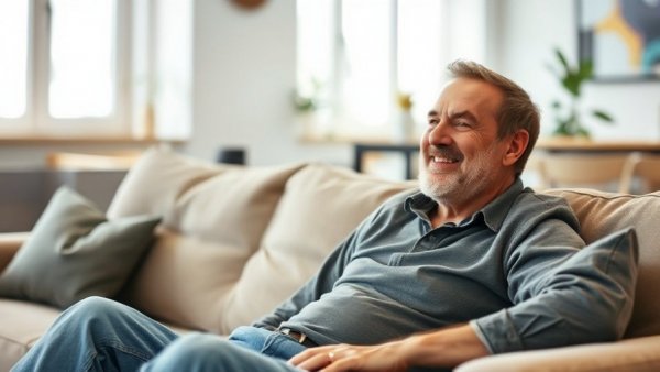 Middle-aged man smiling while looking at phone on couch