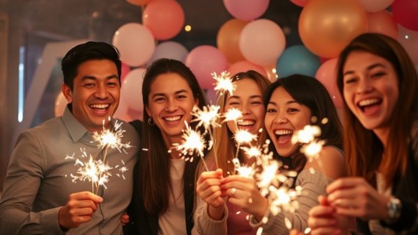 Joyful celebration with sparklers entering the new year.