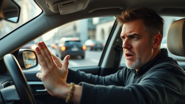 Frustrated driver gesturing angrily in car, triggers that make drivers lose patience.