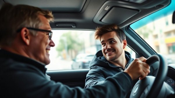 Teenage son driving skills with father in car, city backdrop.
