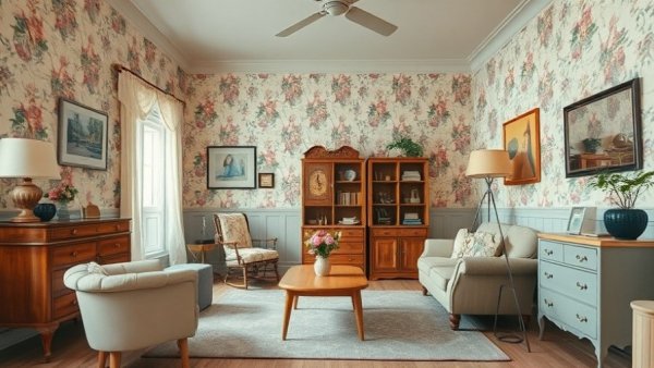 Outdated interior design trends in various living spaces.