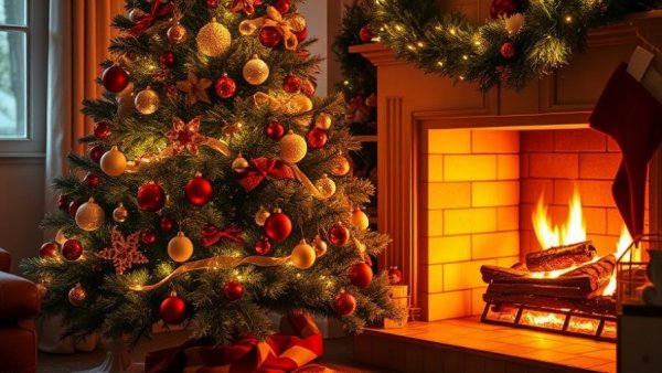 Christmas tree safety tips, festive tree and fireplace.