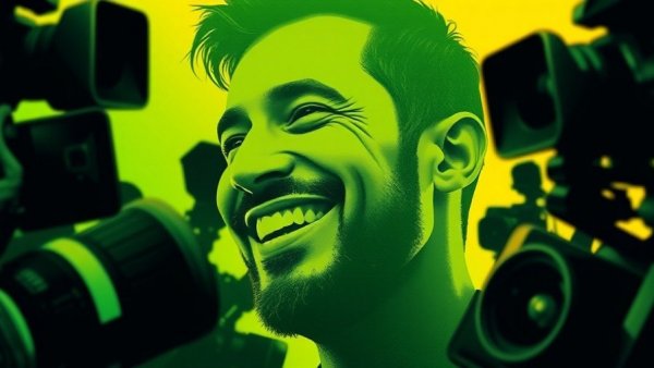 Abstract image with press cameras and smiling man 2025 trends in AI and politics.