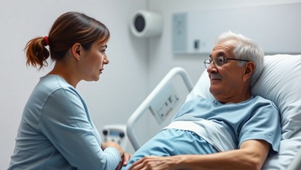 Concerned woman talks to a man in a hospital bed in Denver.