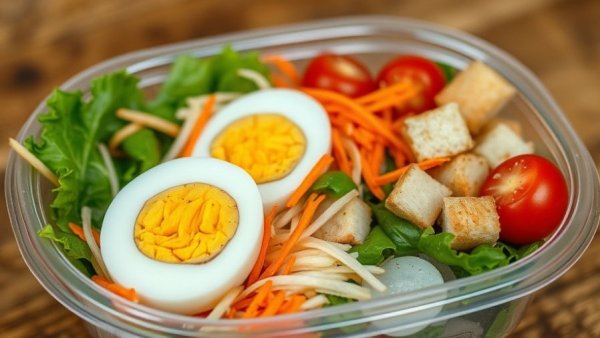Fresh salad meal in plastic container, potential listeria contamination risk.