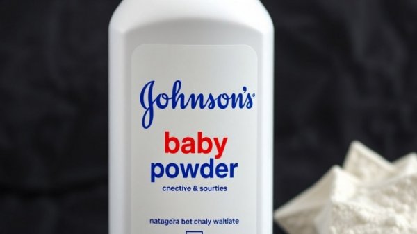 Johnson & Johnson talcum powder on dark textured background.