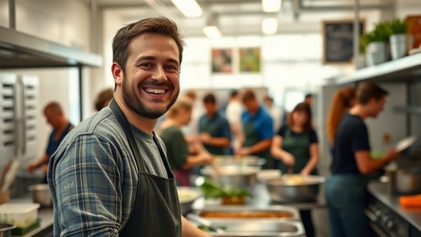Michael Bublé volunteering at a Vancouver community kitchen, smiling warmly.