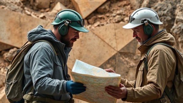Geologists studying maps for AI in mineral exploration.