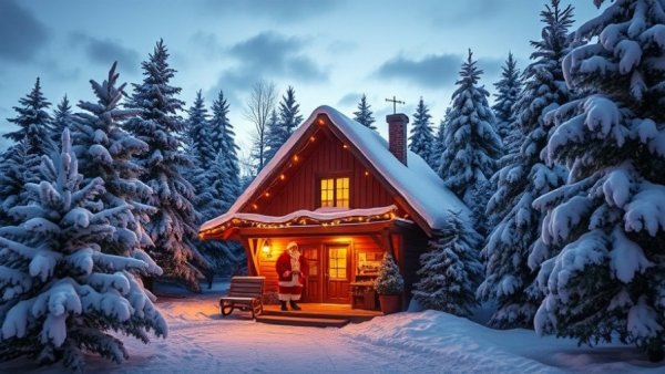 Grouse Mountain Ski Season Opening at Santa's workshop with snowy trees.