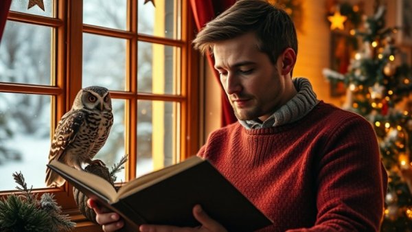 Thoughtful man with Christmas album by window, snow falling, cozy lighting.