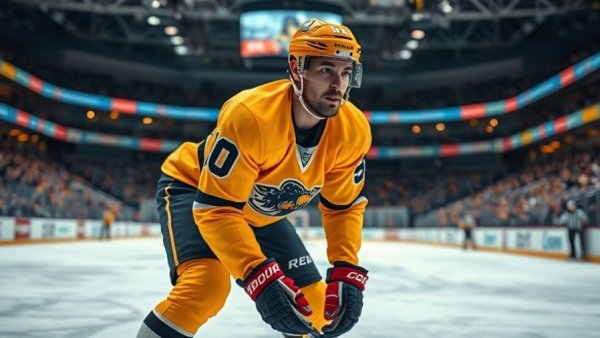 Vancouver NHL player focused during a game in yellow jersey on ice.