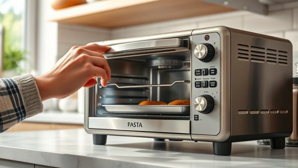 User adjusting stainless steel toaster oven in bright kitchen for Amazon Super Saturday kitchen deals.