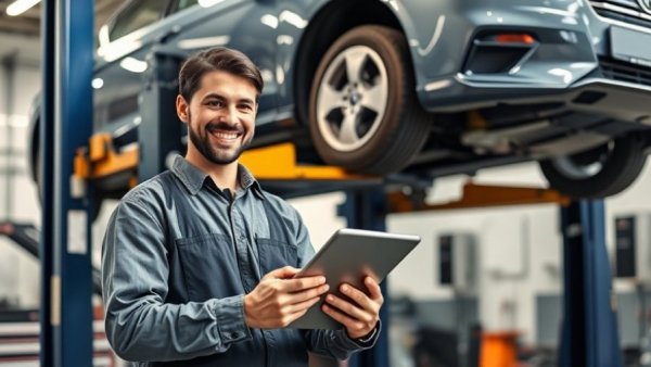 Mechanic with tablet in auto repair shop, private equity auto repair chains.