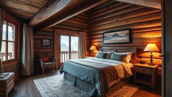 Cozy chalet bedroom design with rustic wooden elements and soft lighting.