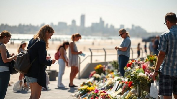 Memorial gathering at Bondi Beach after attack, people adding flowers.