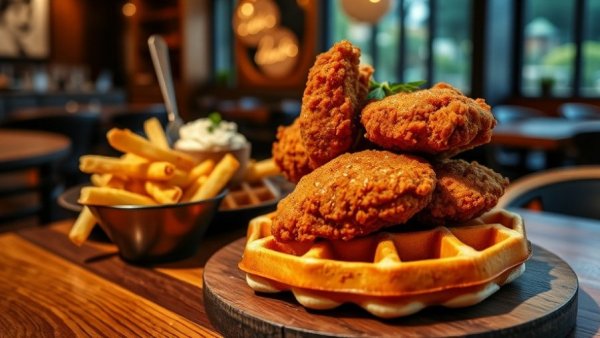 Gourmet fried chicken with waffles at Yardbird restaurant.