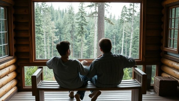 Couple in cabin with forest view, related to Jeffrey Epstein files release.