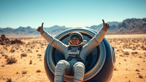 Blue Origin astronaut celebrating space travel in desert landscape.