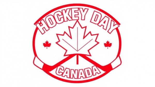 Hockey Day in Canada logo with hockey sticks and puck.