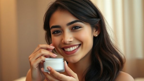 Young woman applying Three Ships Dream Night Cream, smiling.