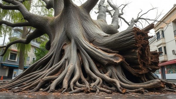 Uprooted tree showing impact of extreme weather on urban trees.