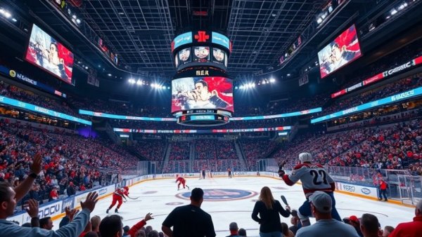 Hockey game in arena captures thrilling action of Ottawa charge overtime victory.