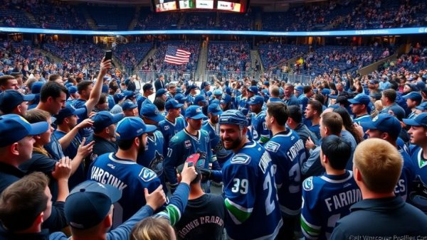 Fans gather around Vancouver Canucks players for autographs.