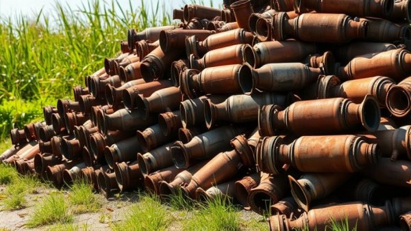 Rusted catalytic converters piled outdoors, catalyst theft recovery.