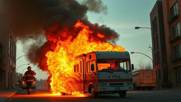 Surrey RV fire engulfed in flames with firefighters in action.