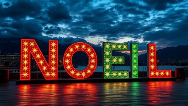 Christmas Day activities in Vancouver: lit 'NOEL' sign by waterfront.