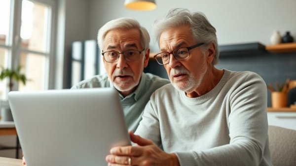 Older couple surprised at laptop; retirement catch-up contributions changes 2026.