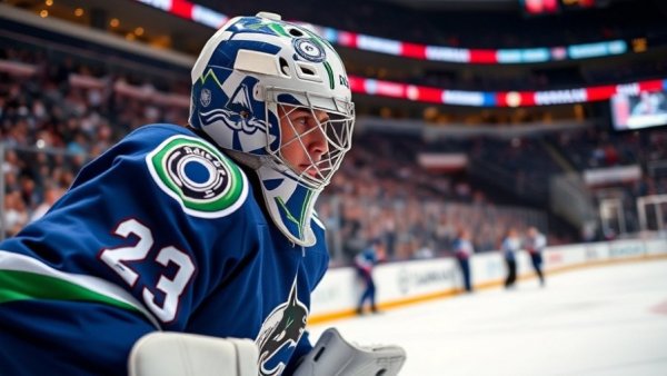 Vancouver Canucks NHL goalie focused during a game on ice rink.