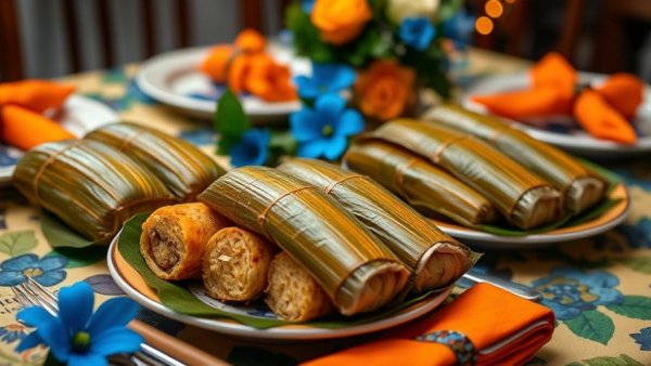 Venezuelan Christmas tamales wrapped in banana leaves on elegant table.