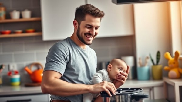Young man embracing new masculinity trend by caring for child in kitchen.