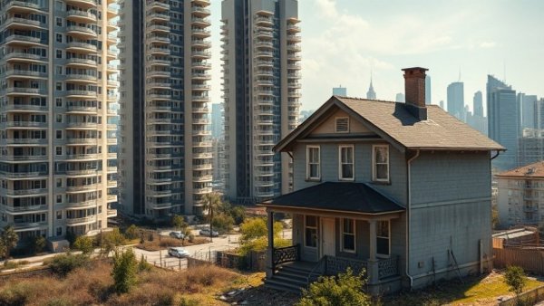 Luxury buildings overlook aging house highlighting housing affordability crisis.