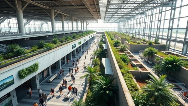 Denver airport with garden rooftop and travelers in terminal