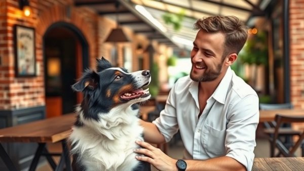 Young man bonding with dog in rustic outdoor café