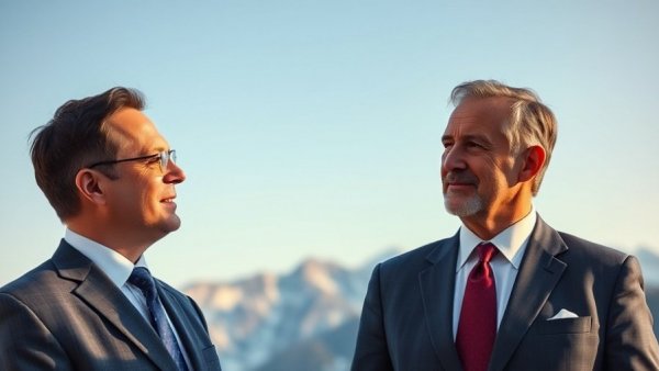 Two businessmen discussing in front of a mountain backdrop - CUSMA Review 2026.