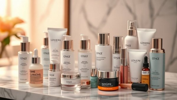 Assorted best beauty products on a marble counter.