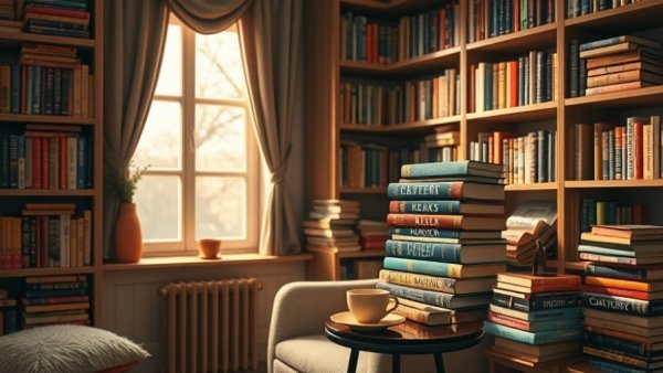 Cozy reading nook with bestselling books and soft lighting.