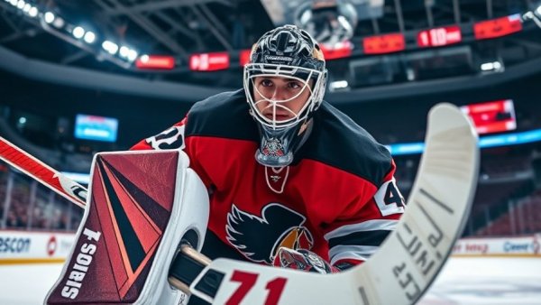 Hockey goalie saving shot during Buffalo Sabres win streak, action shot.