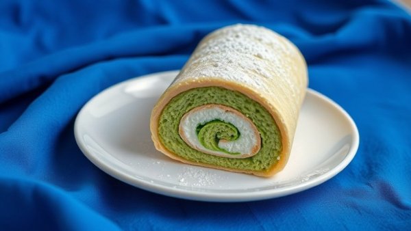 Matcha chiffon cake roll with dusting, on a plate for recipe.