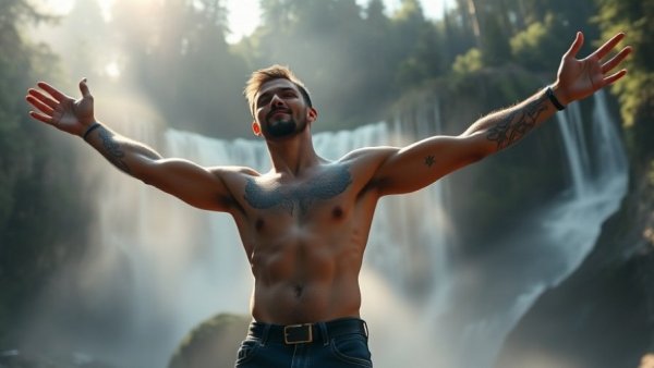 Man embracing nature in a forest near a waterfall, masculinity myths men are walking away from.