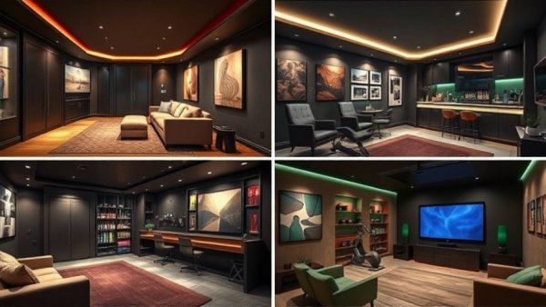 Inspiring basement interior design ideas including home theater, bar, gym.